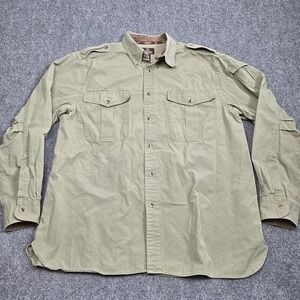 Three Forks Ranch Safari Shirt Mens L Olive Green Cotton Epaulet Utility Outdoor